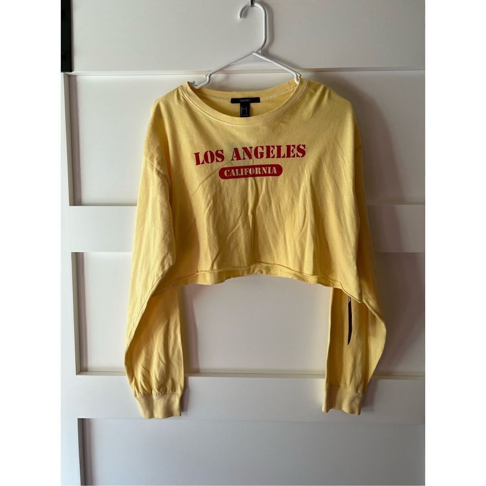 New Forever 21 Yellow Los Angeles California long sleeve Crop Top size large